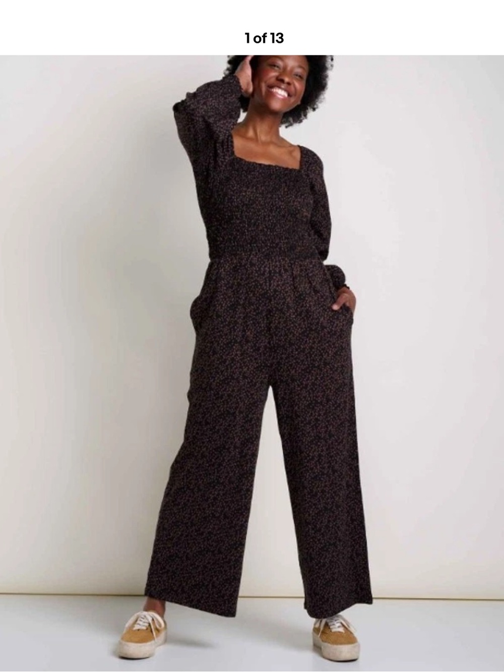 TOAD & CO Gemini Long Sleeve Blk w/ Polka Dots Jumpsuit Flare Leg Sze Large